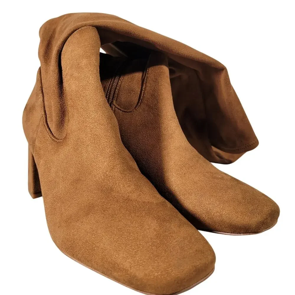 Nordstrom‎ Rack Tan Suede Square Toe Block Heel Knee High Boots Women Size 5